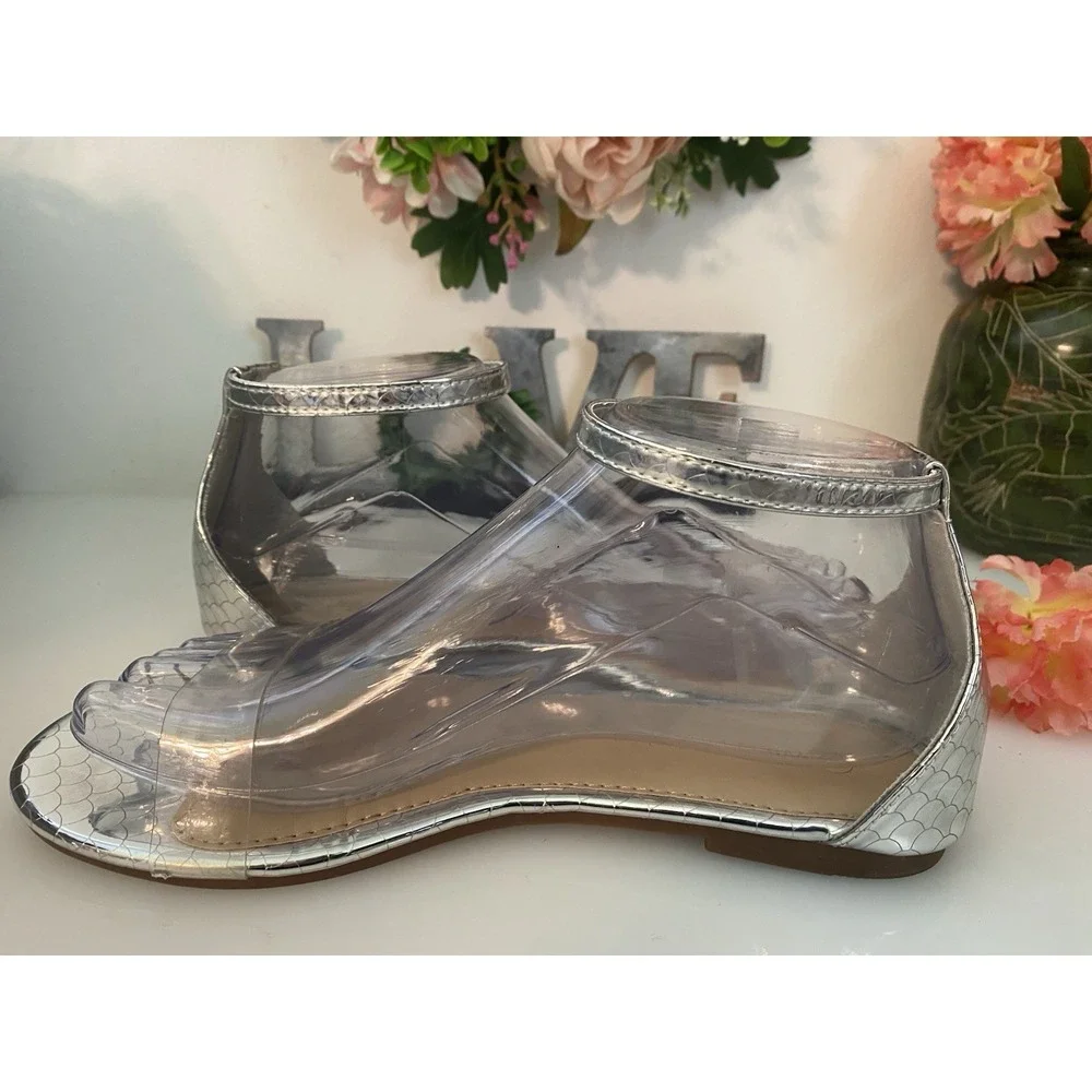 Clear Acrylic and Silver Faux Reptile Wild Diva Ankle Strap Sandals Size‎ 8/8.5